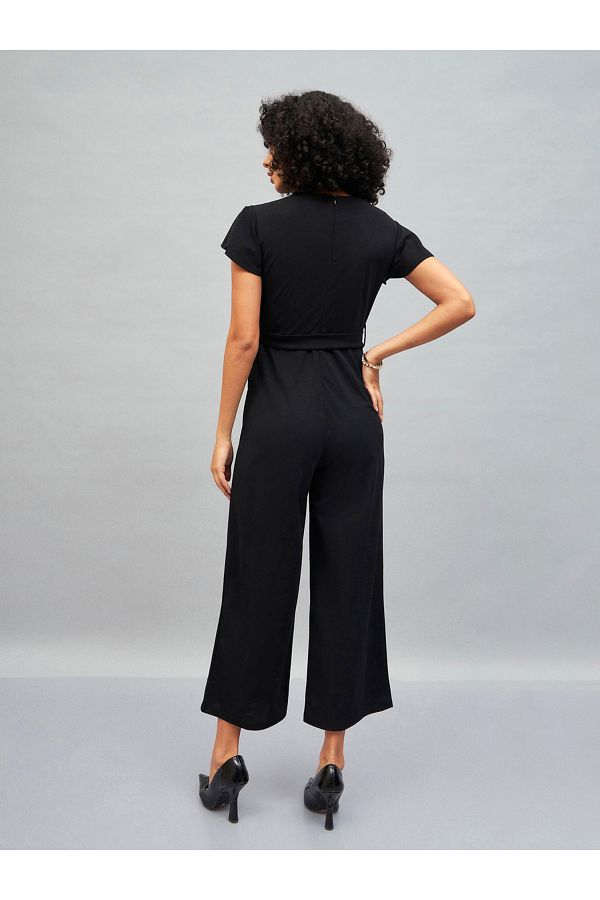 Sassafras By Styli Solid Belted Jumpsuit with Short Sleeves Trendyol