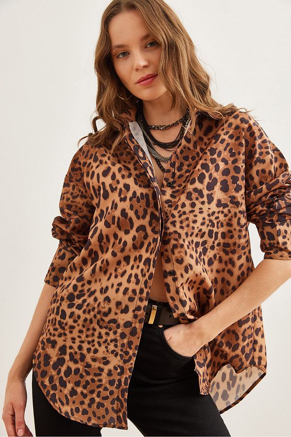 Olalook-Női Camel Leopard Hidden Placket Poplin ing GML- 19000867 1