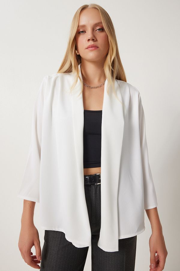 Happiness İstanbul-Damen Ecru Schalkragen Stilvolle Jacke mit Satinoberfläche MC00291 1