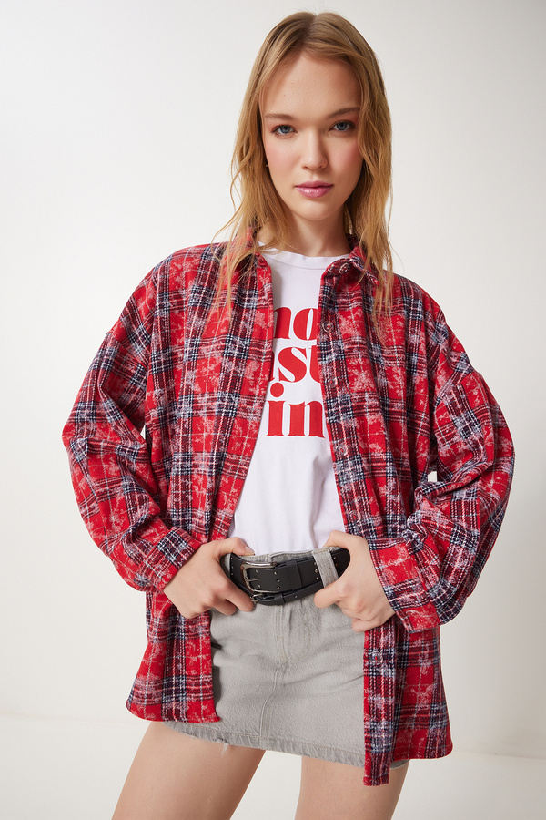 Happiness İstanbul-Rotes kariertes Jacquard-Shirt mit Kapuze für Damen TO00155 1
