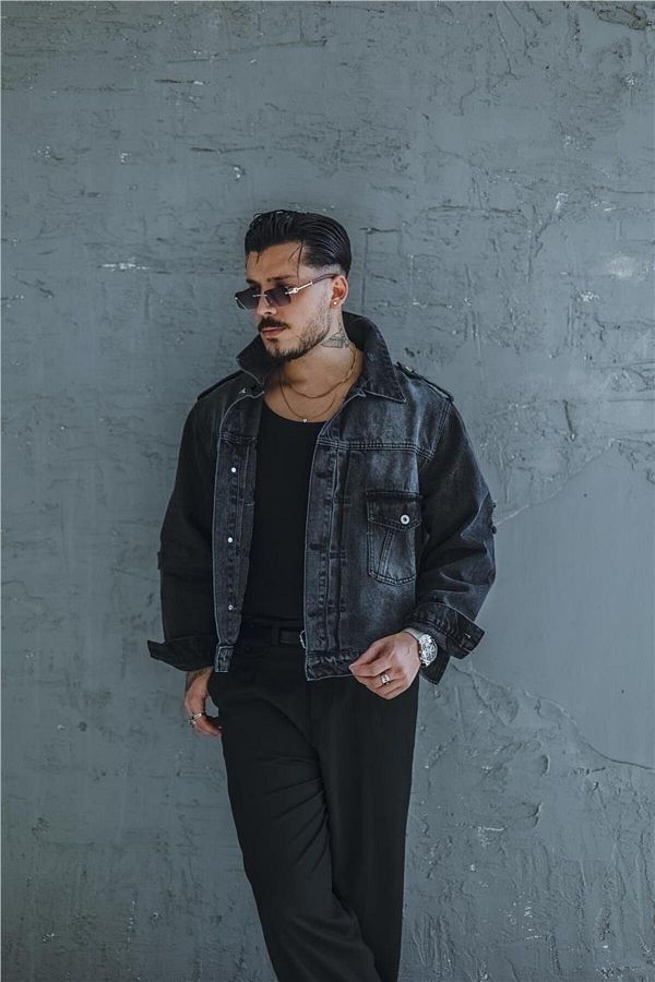 OUTFİT MAN-Men's Oversize Black Denim Jacket - Washed Street Design 1