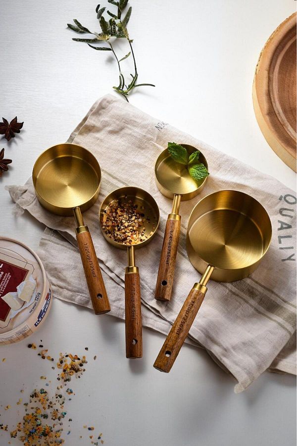 Sezka Life-Gold Plated Stainless Steel Measuring Spoons, Acacia Wood Handle, Measuring Spoon Large 1