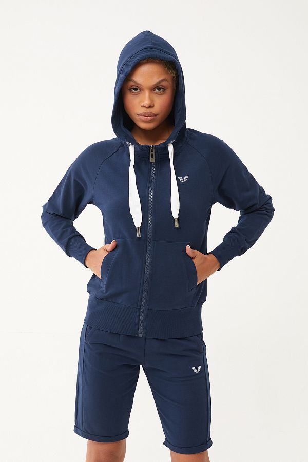 bilcee Women s Navy Blue Organic Cotton Zippered Hooded Sports Daily Basic Tracksuit Top 0728 Trendyol