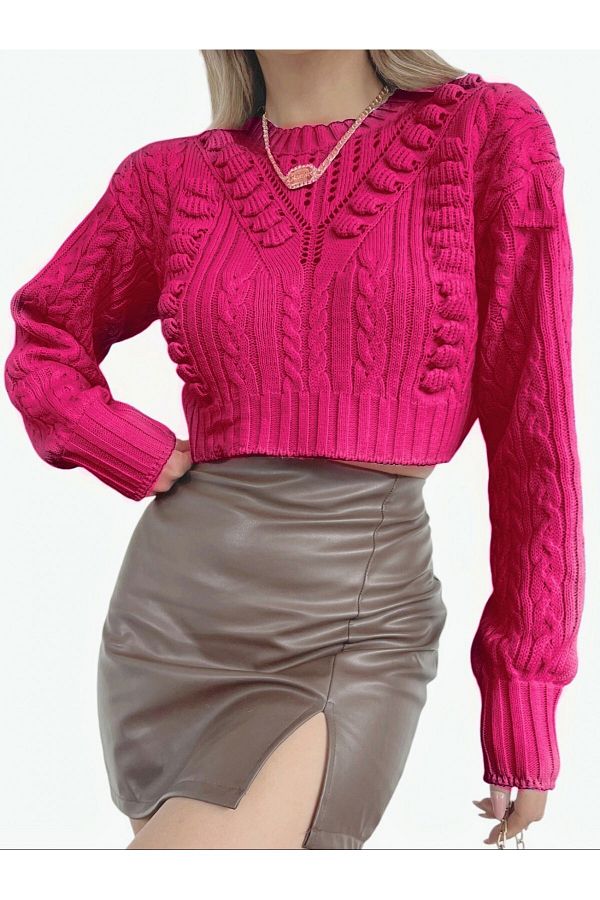 Modamorfo-Embossed Patterned Openwork Knitwear Sweater -Fuchsia 1