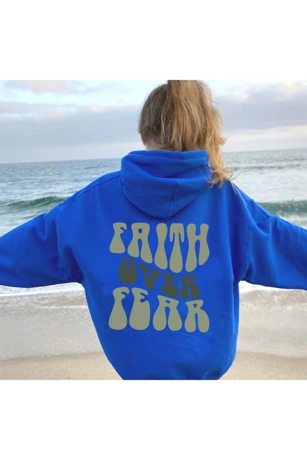 AMOR FACE Plus Size Hooded Special Design Faith over Faer Sirt Printed Oversize Women s Sweatshirt Trendyol