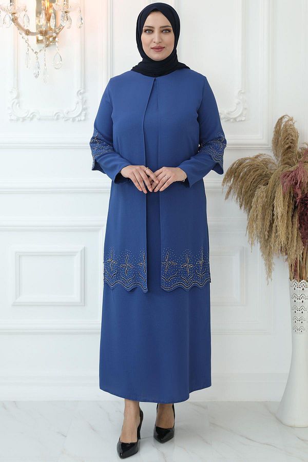 Amine Hüma-Indigo Hijab Evening Dress - Star Laser Cut 1