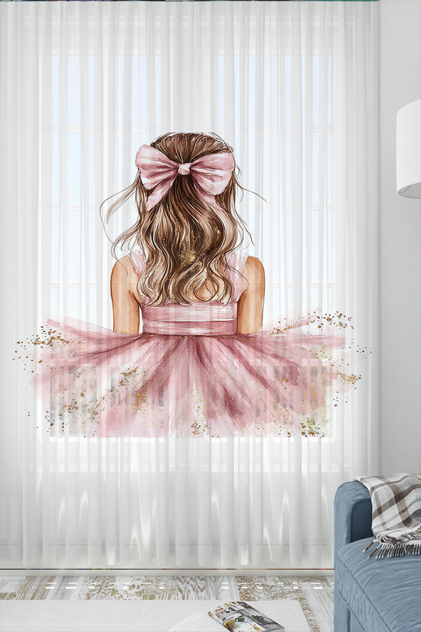Else Dekor Pembe Fiyonklu Sarı Kız Desenli Çocuk Odası Tül Perde 140x260cm