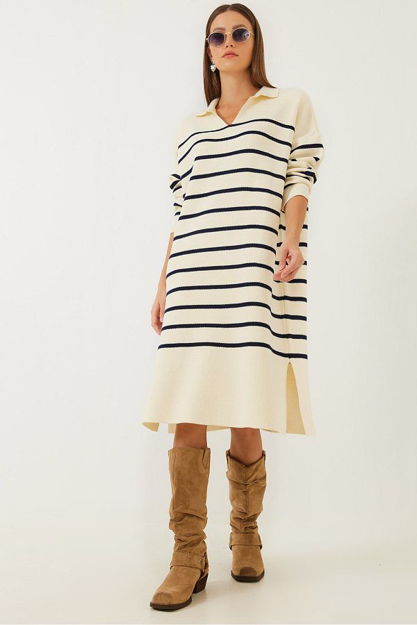 Bianco Lucci-Women's V-Neck Side Slit Striped Knitwear Dress 1