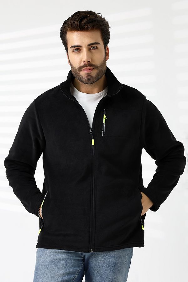 TİJA-Men's Zippered Pocket, Black Fleece Cardigan, Jacket 1