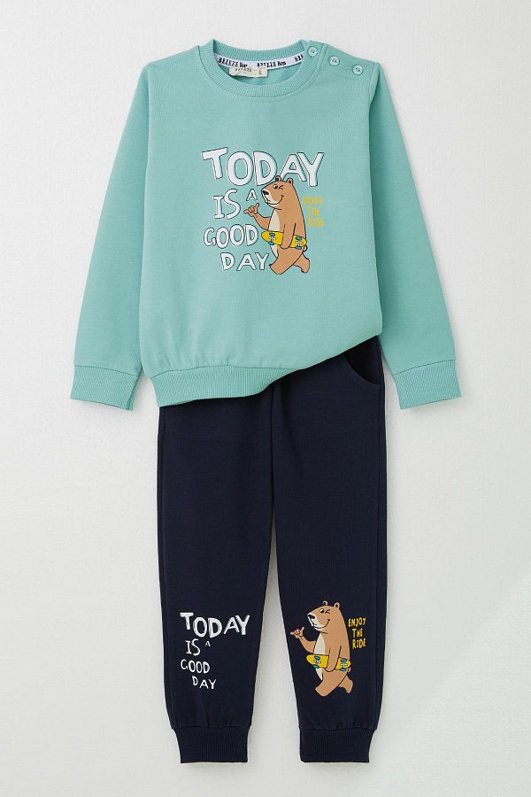 Breeze 1 4 Years Old Boy Tracksuit Set Skateboarder Teddy Bear Print Water Green Trendyol