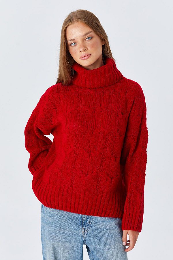Mixray 6818 Model Red Women s Knitwear Fisherman Sweater Hair Braided Trendyol