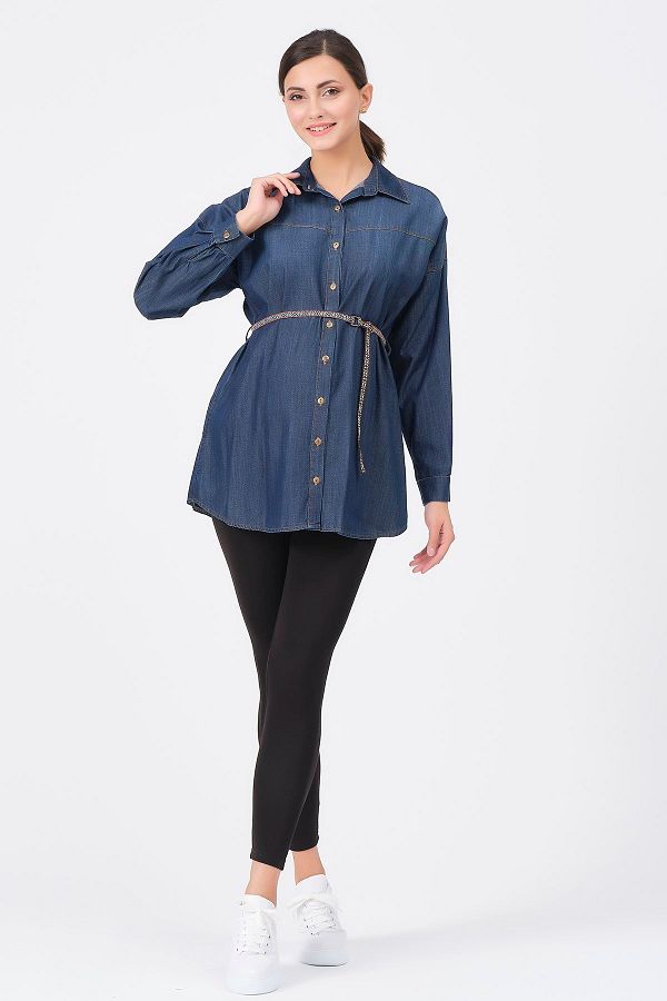 BUSA-Maternity Belted Side Pocket Denim Shirt Blue 1