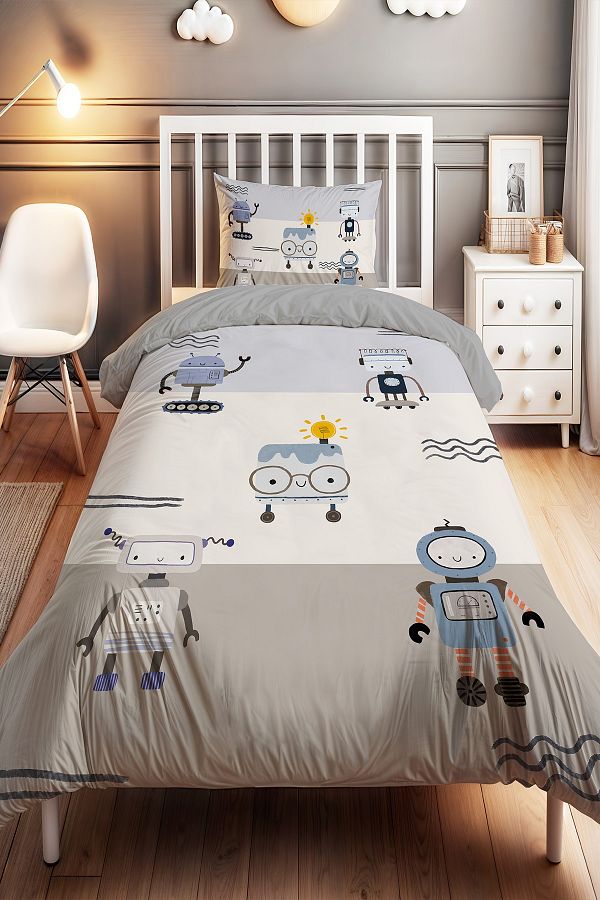 EVPANYA-Striped Robots Set Patterned Single Baby Kids Bedding Set 1