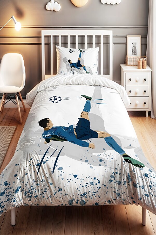 Evpanya Lacivert Formalı Futbol Desenli Tek Kişilik Bebek Çocuk Nevresim Seti