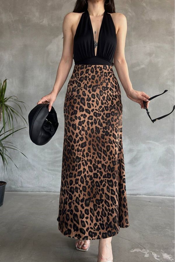Hisleria-Leopard Pattern Satin Fabric Long Skirt with Zippered Waist - Brown (Suitable for Hijab) 1