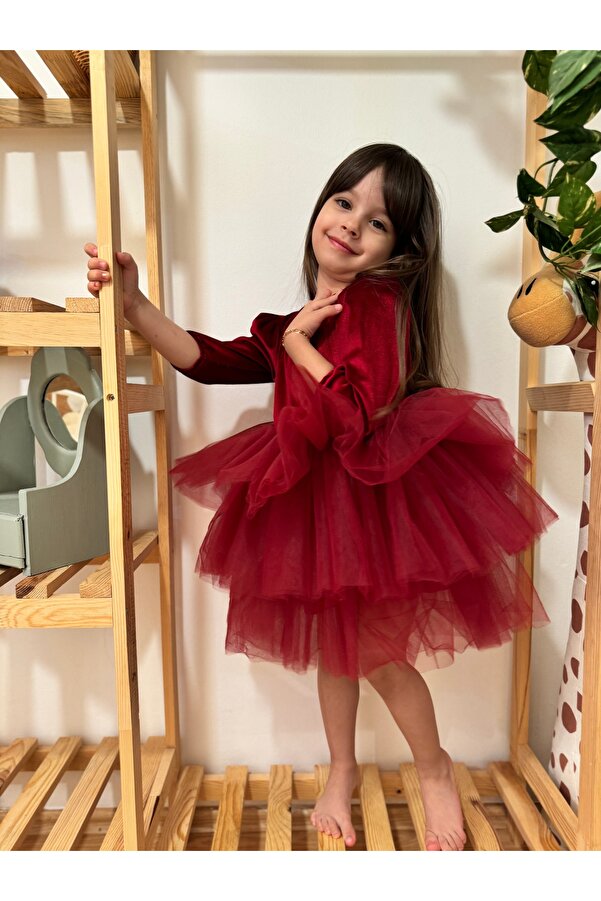 penu baby kids Bordo Uzun Kol Kat Etekli Kadife Kız Çocuk Bebek Elbise - Gloria