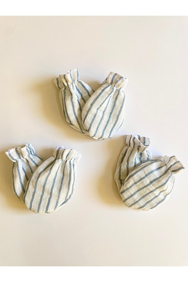 runbaby Pamuklu Çift Kat Müslin Kumaş 3 Çift Bebek Eldiven ( Ince Mavi Çizgili )