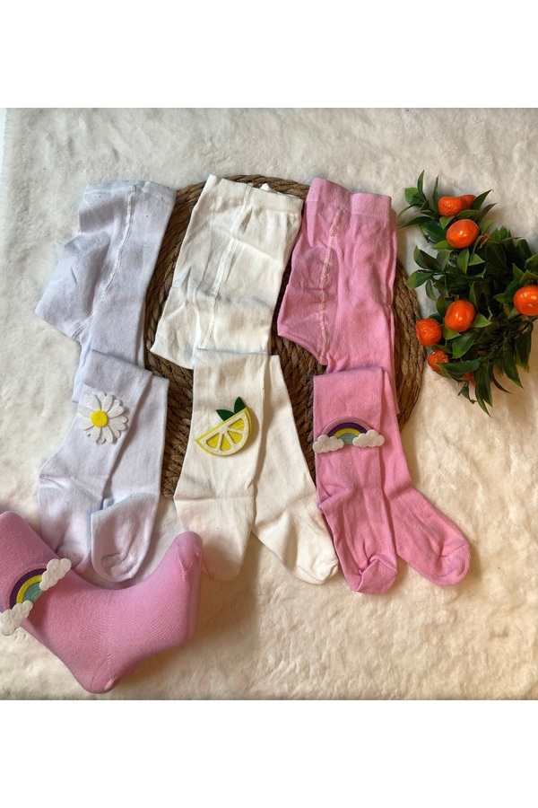 ESES BEBE 3’lü Kız Bebek Pamuklu Külotlu Çorap Keçe Figürlü Kilotlu Çorap