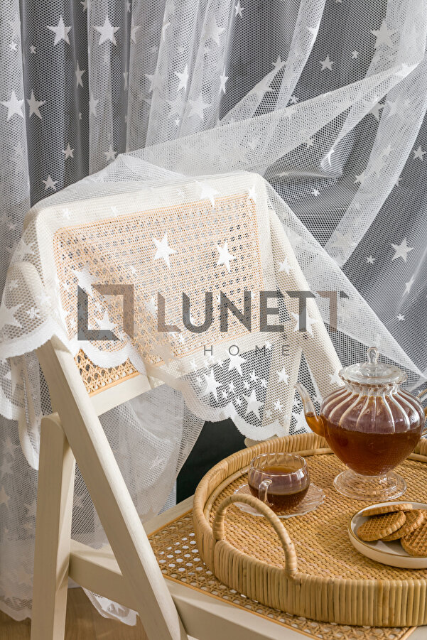 LUNETT HOME Büyük Yıldızlı Beyaz Orta Pileli Petek Üstü 1x2,5 Tül Perde