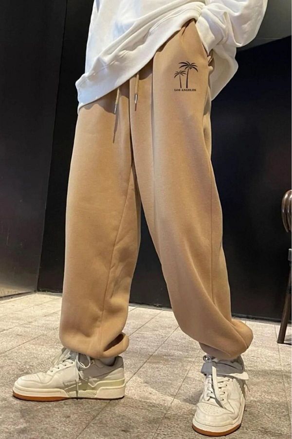 NO 601-Pantaloni de trening oversize cu imprimeu palmier bej pentru bărbați 1