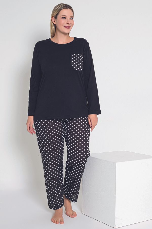 MyBen-Set de pijamale cu mânecă lungă cu imprimeu cu buline negre pentru femei - B-40 1