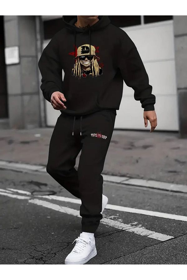 WOODROFFE Hip Hop Printed Men s Tracksuit Set Black Gray Hooded Oversize Boyfirend Trendyol