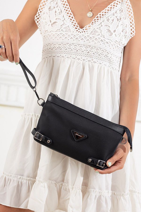 Dilimler Ayakkabı-Satin Look Black Women's Portfolio Bag with Long Short Strap 1