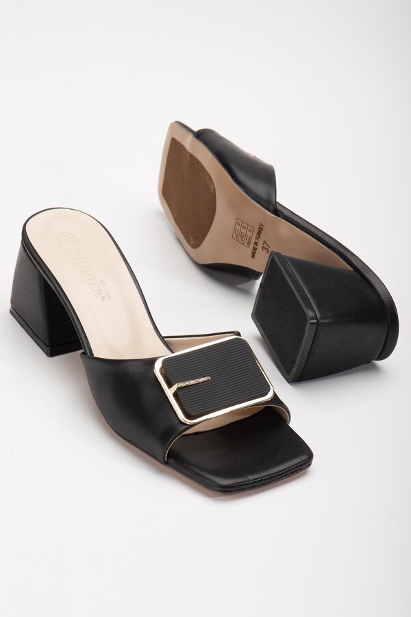 Dilimler Ayakkabı-Black Women's Slippers - Square Jewelled, Buckle Skin, Thick Heel 1
