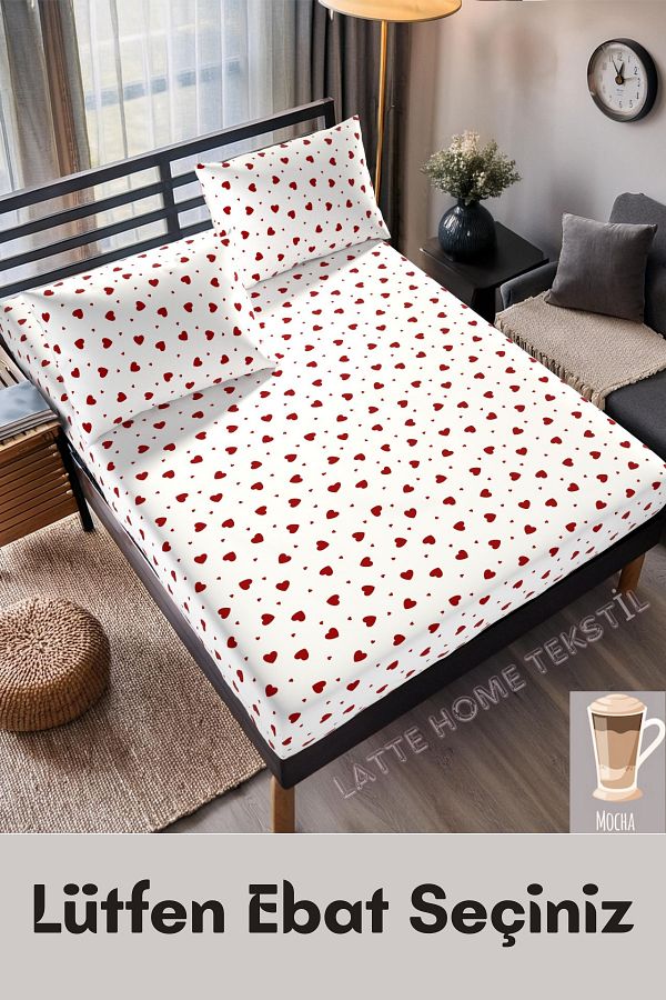 LATTE TEKSTİL-Mocha Red Heart Patterned Cotton Ranforce Fabric Elastic Sheet Set (Single-Double-King Size) 1