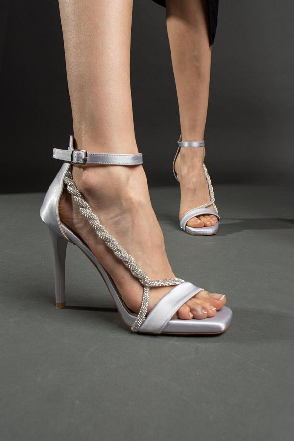 ShoeTek Bruna Women s Thin Heels Jewelled Silver Satin Trendyol