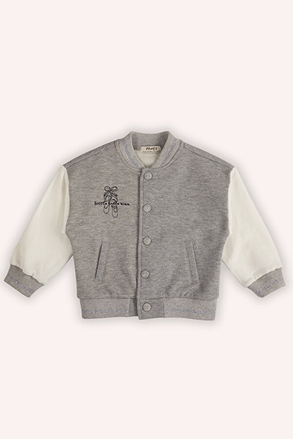 Panço Kız Bebek Nakış Detaylı Örme Gri-Melanj Ceket