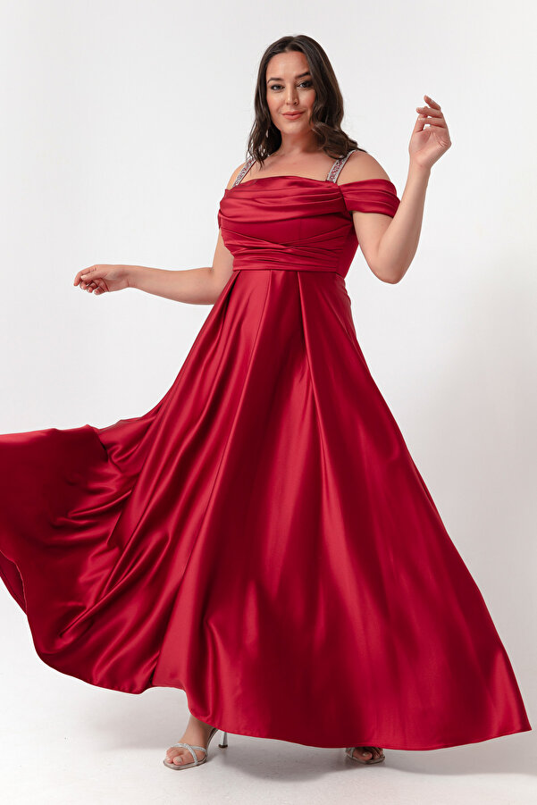 Lafaba Women's Burgundy Stone Strap Draped Plus Size Long Evening