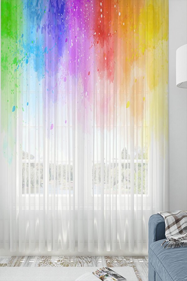 3D ELSE HALI Gökkuşağı Desenli Kız Çocuk Tül Perde Tek Kanat 140x260cm