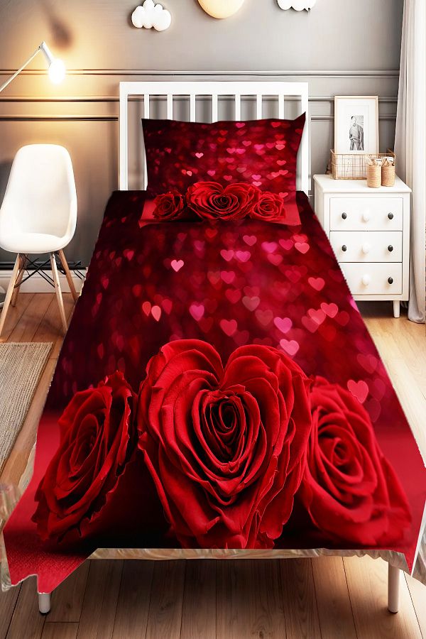 3D ELSE HALI-Red Roses Patterned Digital Printed Single and Children's Bedspread and Pillowcase 1