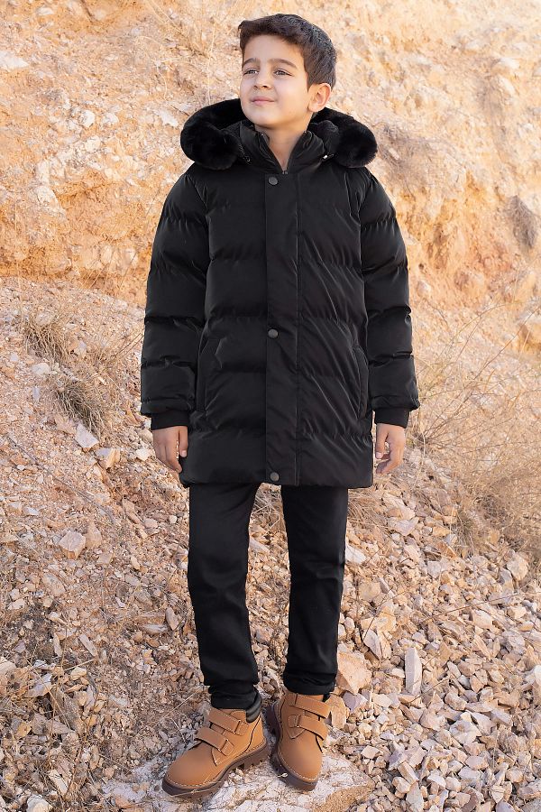 Cans n Mini Black Boy s Puffer Jacket with Removable Hood and Fur Inside 19690 Trendyol