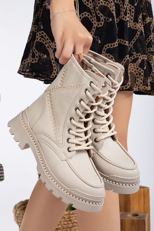 HMS moda Women s Beige Skin Stylish Boots Booties with Lacing and Zipper Detail Trendyol