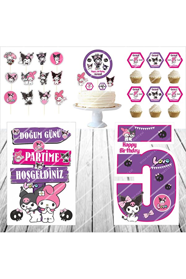 SİYAH PARTİ EVİ KUROMİ Doğum Günü Masa Maketi / Pasta Süsü Seti 5 YAŞ