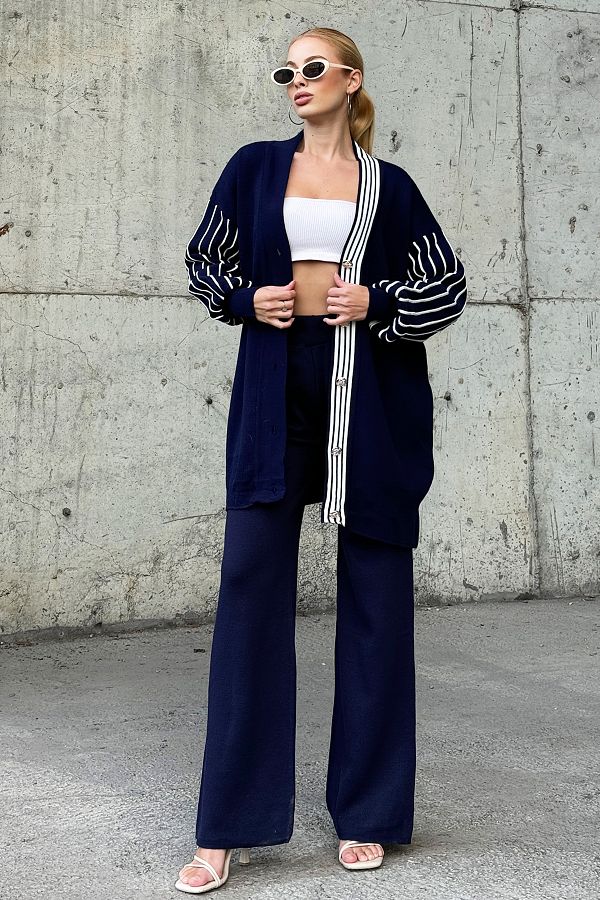 Trend Alacat Stili Navy Blue Striped Knitwear Cardigan and Palazzo Trousers Set V Neck Alcs X12844 Trendyol