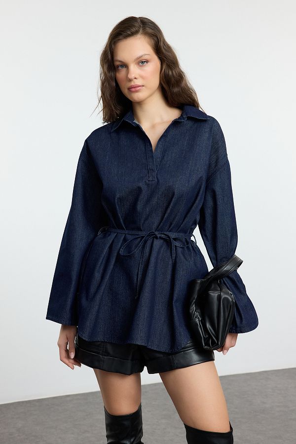 Trendyol Collection-Dunkelblaues, übergroßes, gebundenes Jeanshemd TWOAW25GO00082 1