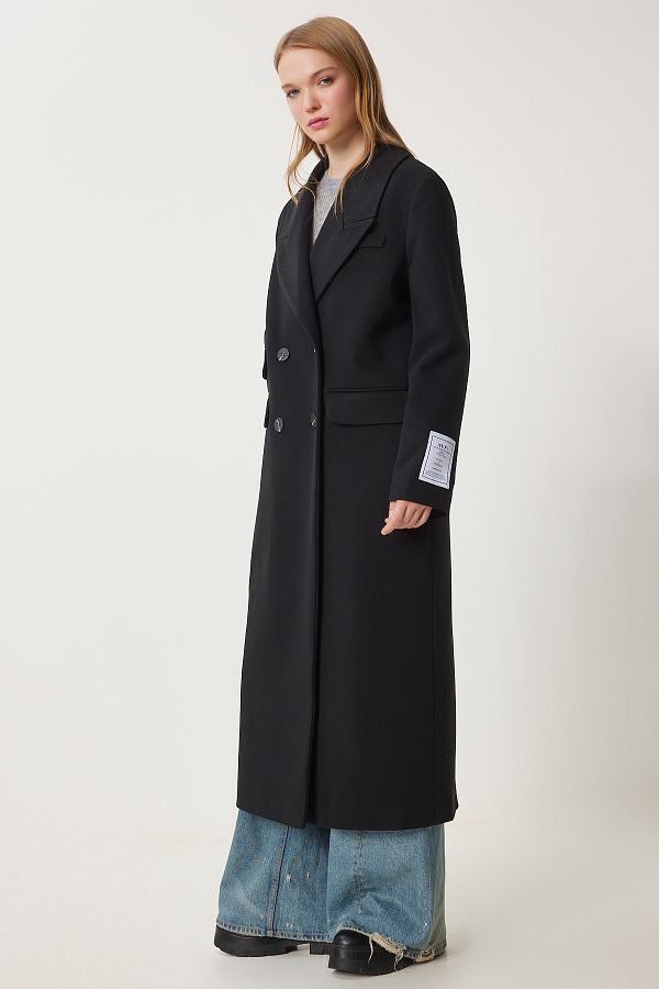Happiness İstanbul-Schwarzer Premium-Zweireiher-Mantel aus Wolle mit langem Augenbrauenkragen für Damen FN03152 1