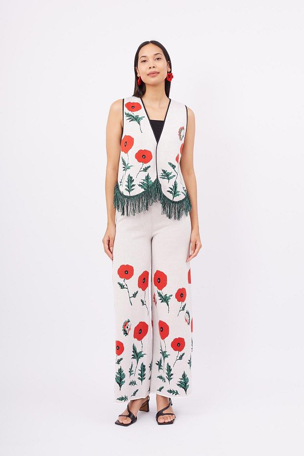 Peraluna Poppy Waistcoat Poppy Pattern V Neck Skirt with Tassel Detail Relaxed Cut Women s Knitwear Vest Trendyol
