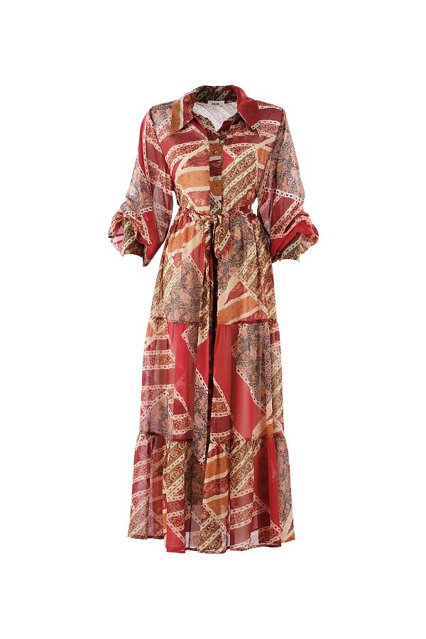 Pilea-My Elina Patch Print Front Button Belted Chiffon Dress 1