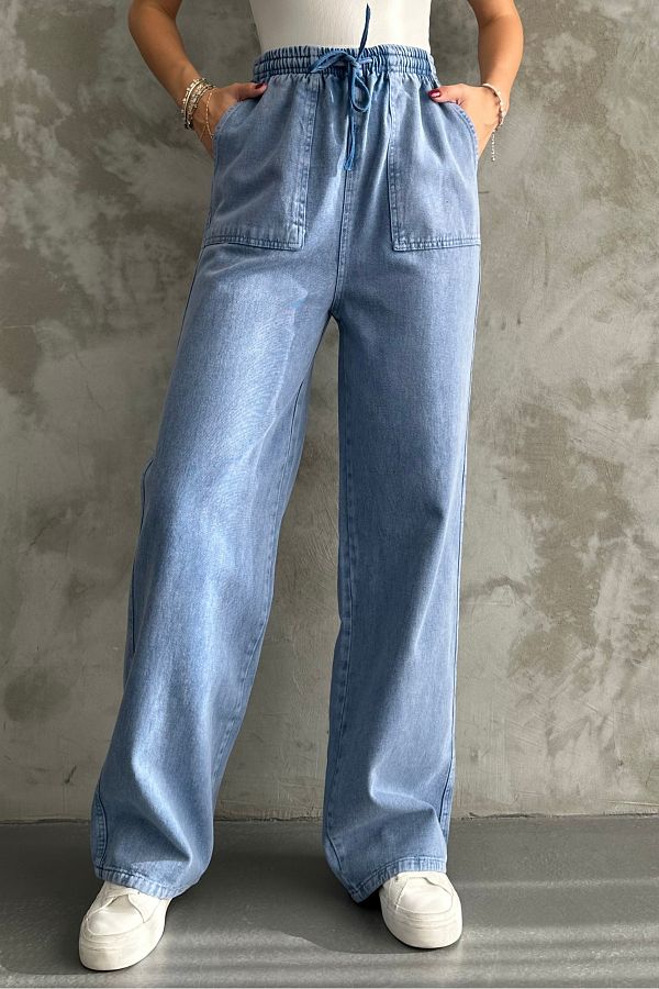 macharel jeans-Pantaloni cu talie albastră elastică cu buzunare late 1