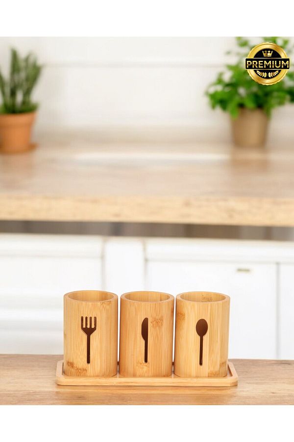 PAZARAKOŞ-Premium Wooden Spoon Holder 4 Piece Knife Spoon Fork Holder Set 1