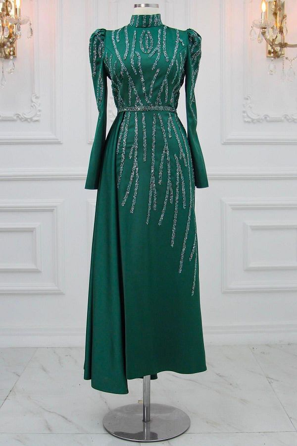 Amine Hüma-Rochie de seara din satin turcoaz smarald 1