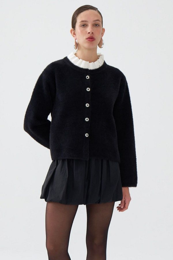 Nocturne-Stand Collar Shiny Stone Buttoned Knitwear 1