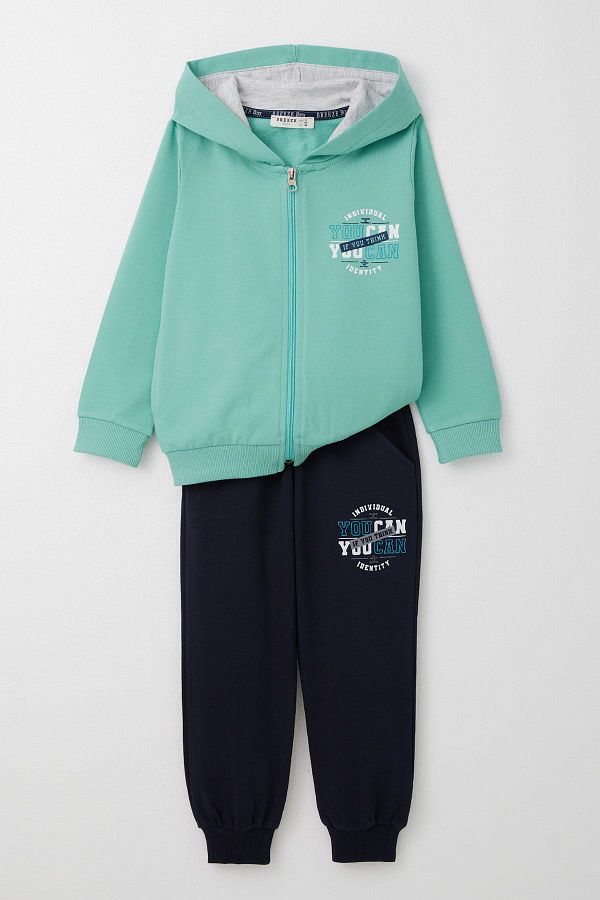 Breeze 3 8 Years Old Boy Tracksuit Set Moivation Themed Zippered Hoodie Water Green Trendyol