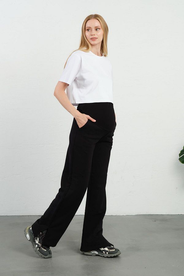 BUSA Black Flexible and Adjustable Wide Leg Sweatpants Pregnant Side Slit and Abdominal Band Trendyol