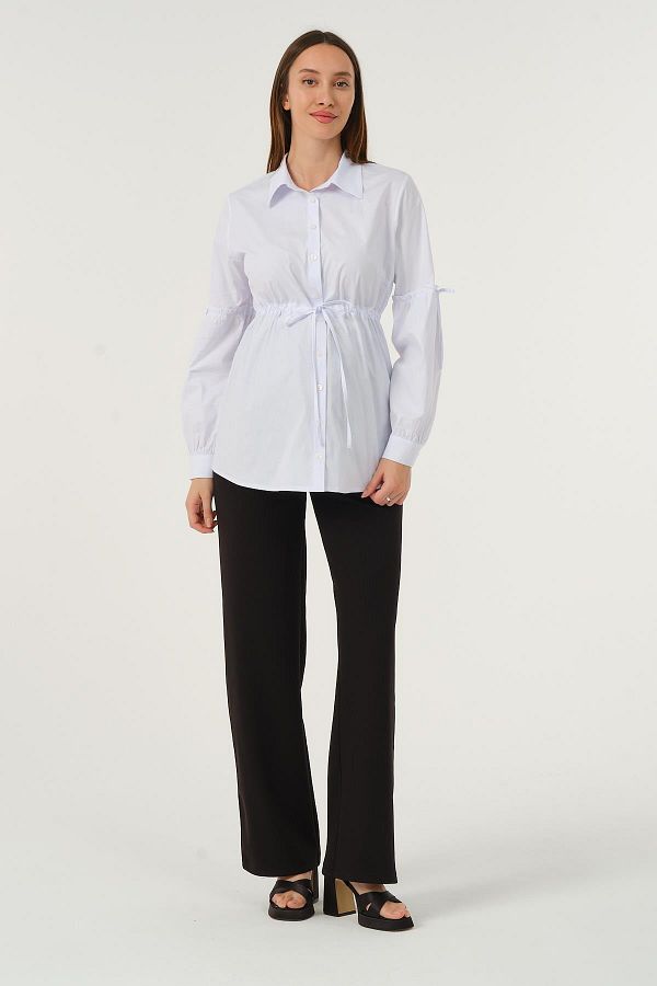 BUSA-White Maternity Shirt - Front Button and Waist Lace Sleeve Detail 1