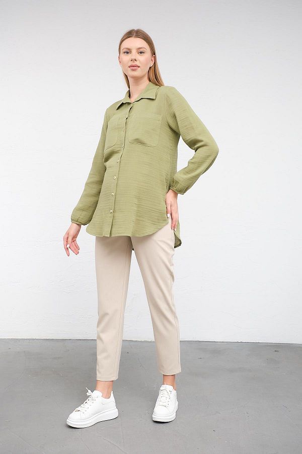 BUSA-Green Linen Shirt - Maternity Sleeve Elastic, Front Pocket 1